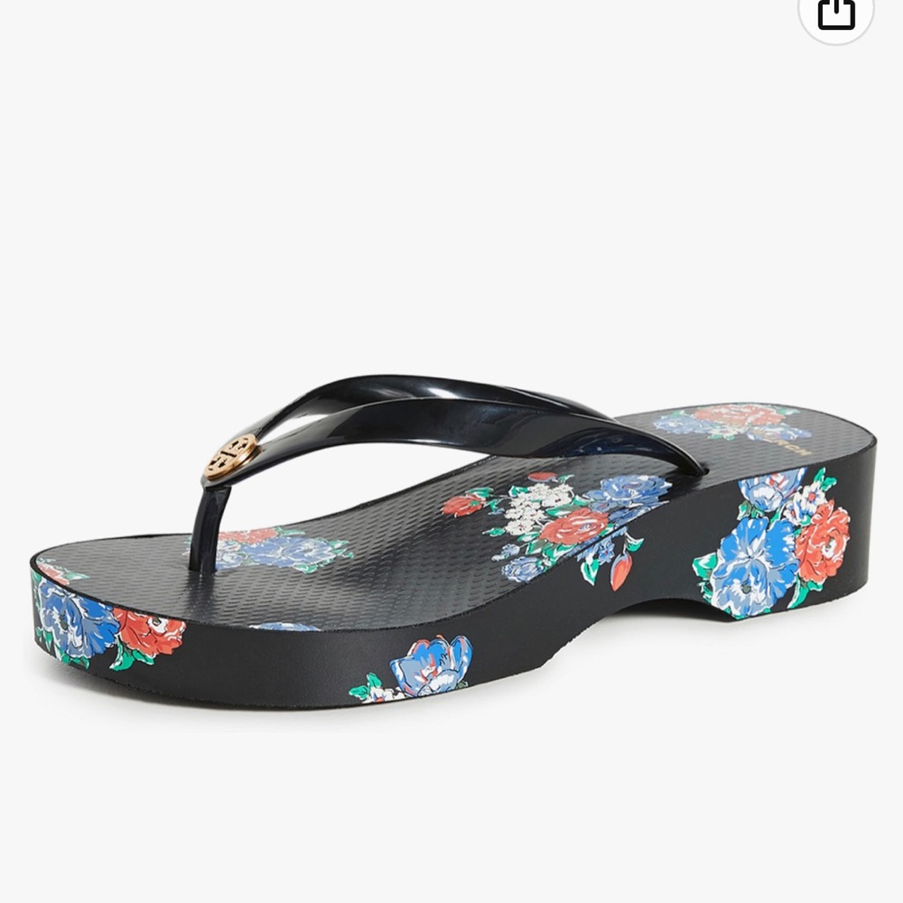 EUC TORY BURCH Cut-Out Wedge Flip Flop, Size 8
Black/Tea Rose